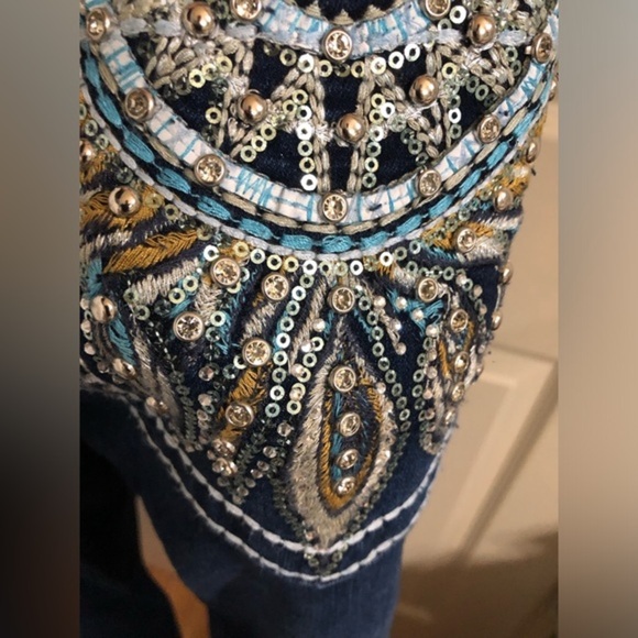 Beautiful embroidered sequined exposed stitching crystal studded blue jeans new - Picture 16 of 17
